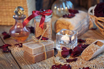 Composition of spa treatment. Natural handmade soap and sea salt