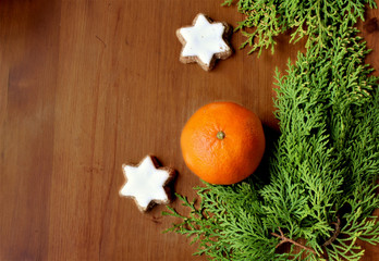 christmas decorations staying on the wood table