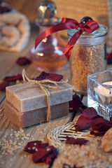 Composition of spa treatment. Natural handmade soap and sea salt