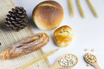 bakery and bread, top view copy space