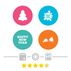 Happy new year sign. Christmas trees.