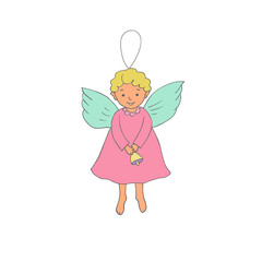 Cute Christmas angel with bell in cartoon style
