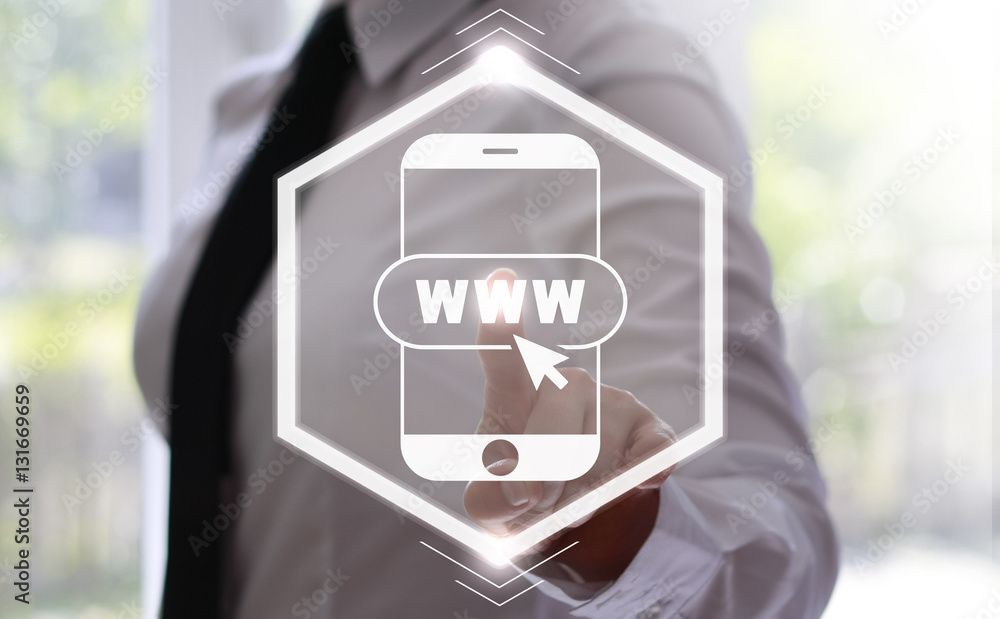 Poster businessman presses smartphone button with a www and cursor on virtual screens. businesswoman touchi