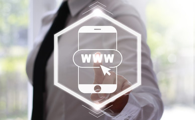 businessman presses smartphone button with a www and cursor on virtual screens. Businesswoman...