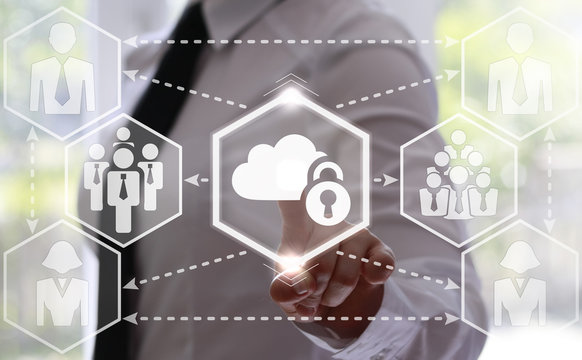 Businessman presses cloud button with lock on virtual screen. Safety, protection cloud storage, data in business. Businesswoman touching cloud storage security icon on touch screen. Internet, network