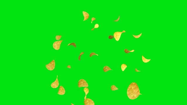  Potato chips falling on green screen