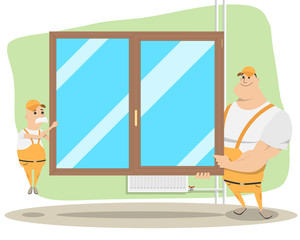 Father and son are engaged in the family business. Installation and replacement of windows. Vector illustration