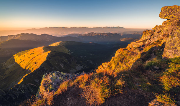 Mountain Landscape at Sunset. View from Mount Dumbier in Low Tatras, Slovakia. West and High Tatras Mountains in Background.