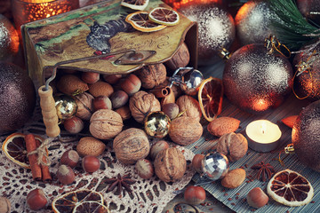 Variety of nuts in Christmas and New Year decoration