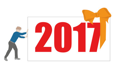 Man pushes the inscription 2017. Christmas concept. vector illustration.