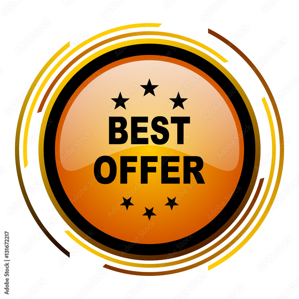 Poster Best offer sign vector icon. Modern design round orange button isolated on white square background for web and application designers in eps10.