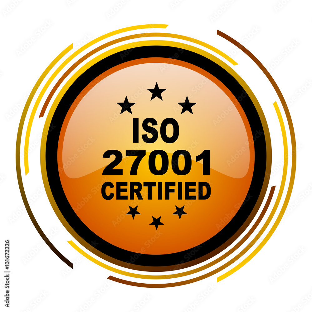 Poster ISO 27001 sign vector icon. Modern design round orange button isolated on white square background for web and application designers in eps10.