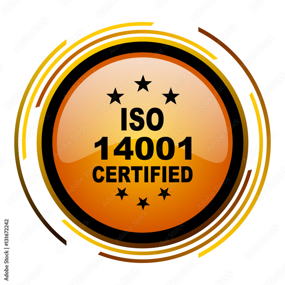 Aufkleber ISO 14001 sign vector icon. Modern design round orange button isolated on white square background for web and application designers in eps10.