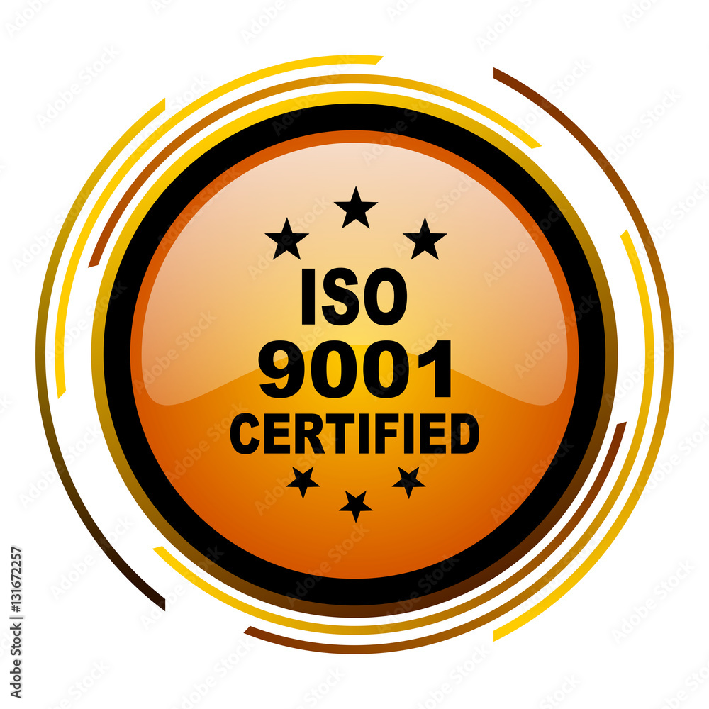 Poster ISO 9001 sign vector icon. Modern design round orange button isolated on white square background for web and application designers in eps10.