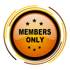 Members only sign vector icon. Modern design round orange button isolated on white square background for web and application designers in eps10.