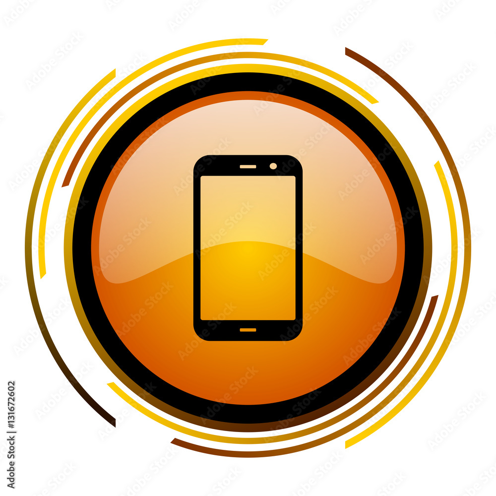 Leinwandbilder Smartphone sign vector icon. Modern design round orange button isolated on white square background for web and application designers in eps10.