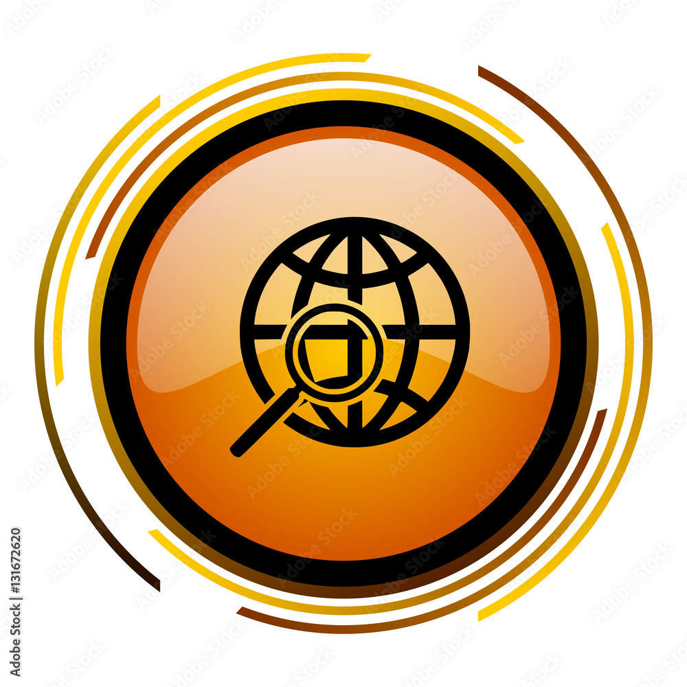 Aufkleber Global search sign vector icon. Modern design round orange button isolated on white square background for web and application designers in eps10.