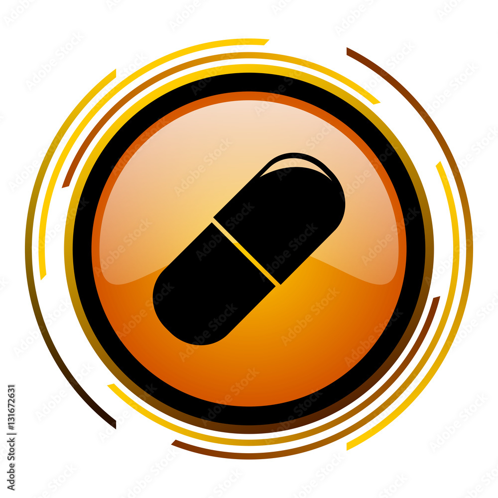 Aufkleber Pill sign vector icon. Modern design round orange button isolated on white square background for web and application designers in eps10.