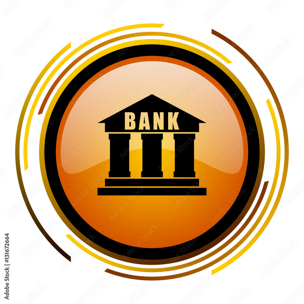 Poster Bank sign vector icon. Modern design round orange button isolated on white square background for web and application designers in eps10.