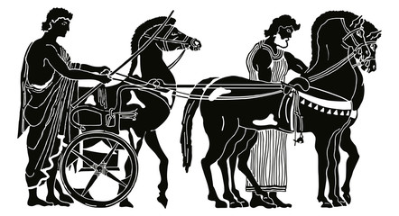 Greek style drawing. Warriors in tunic equips horses. Black pattern isolated on white background.