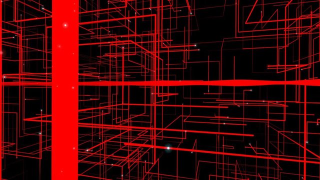Animated abstract real-time created red grid in black space