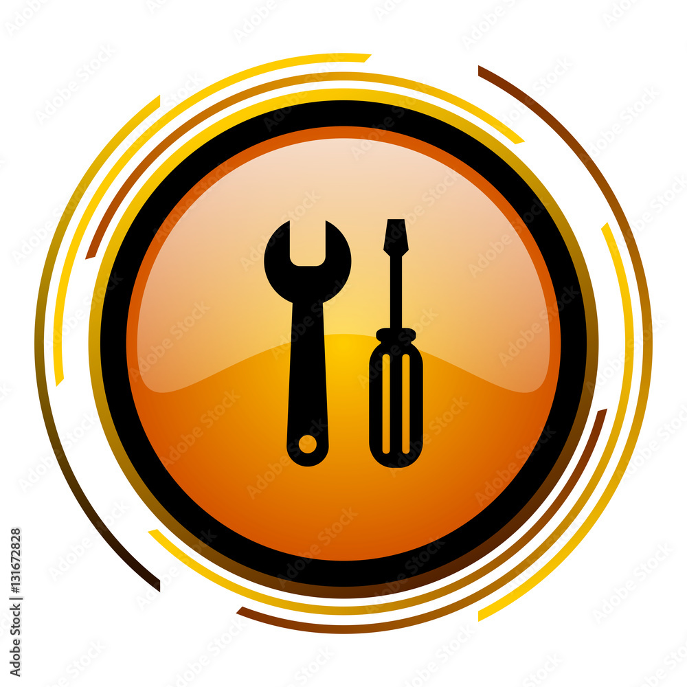 Poster Tools sign vector icon. Modern design round orange button isolated on white square background for web and application designers in eps10.