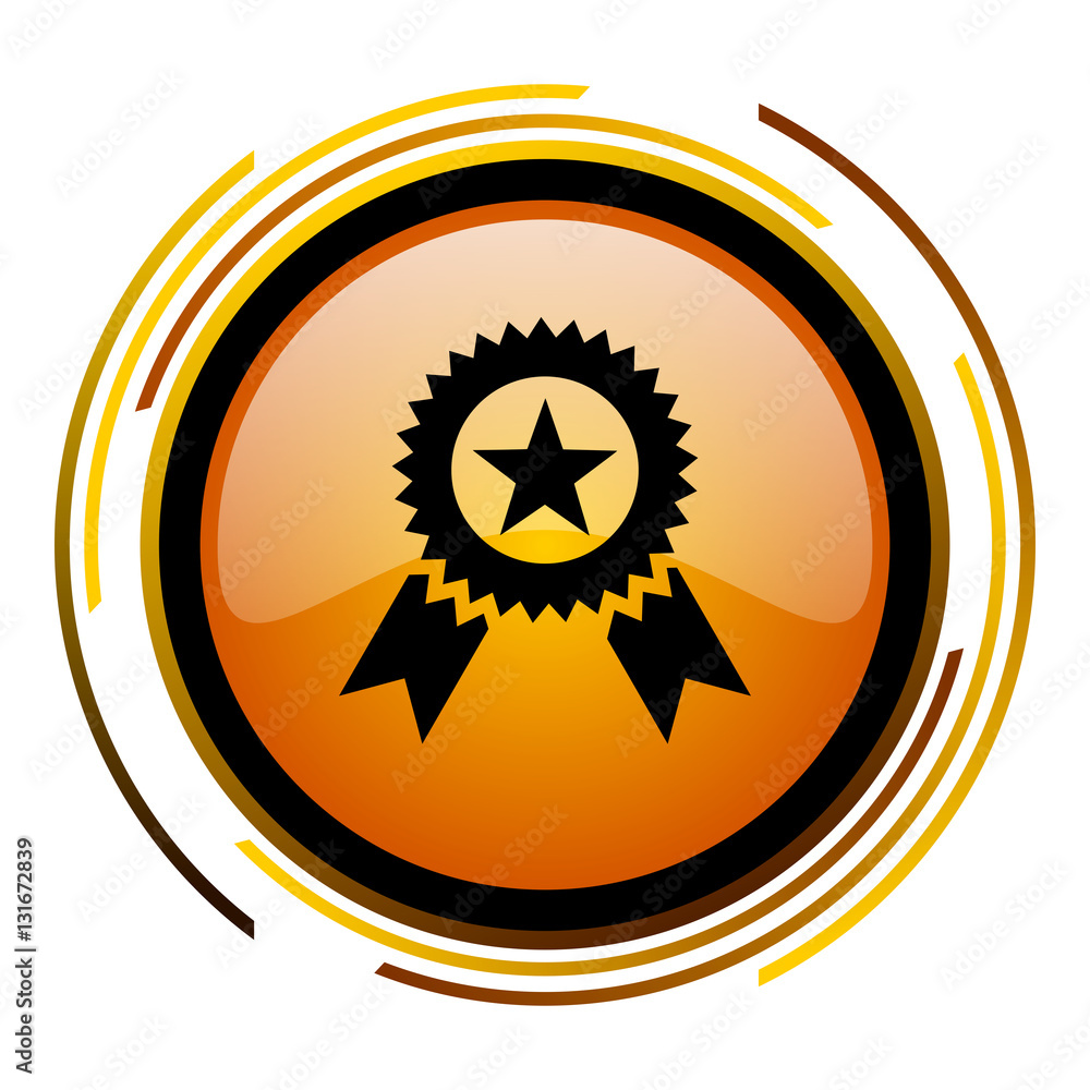Poster First place prize award sign vector icon. Modern design round orange button isolated on white square background for web and application designers in eps10.