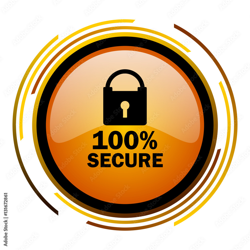 Aufkleber 100 percent secure sign vector icon. Modern design round orange button isolated on white square background for web and application designers in eps10.