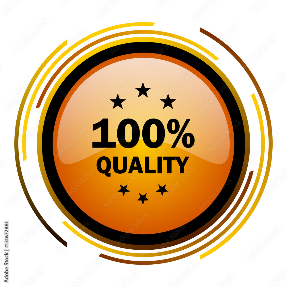 Poster 100 percent quality sign vector icon. Modern design round orange button isolated on white square background for web and application designers in eps10.