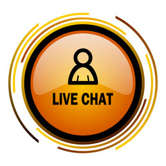 Live chat sign vector icon. Modern design round orange button isolated on white square background for web and application designers in eps10.