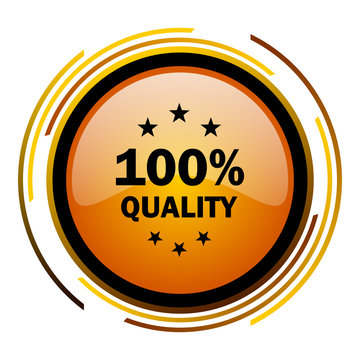 100 percent quality sign vector icon. Modern design round orange button isolated on white square background for web and application designers in eps10.