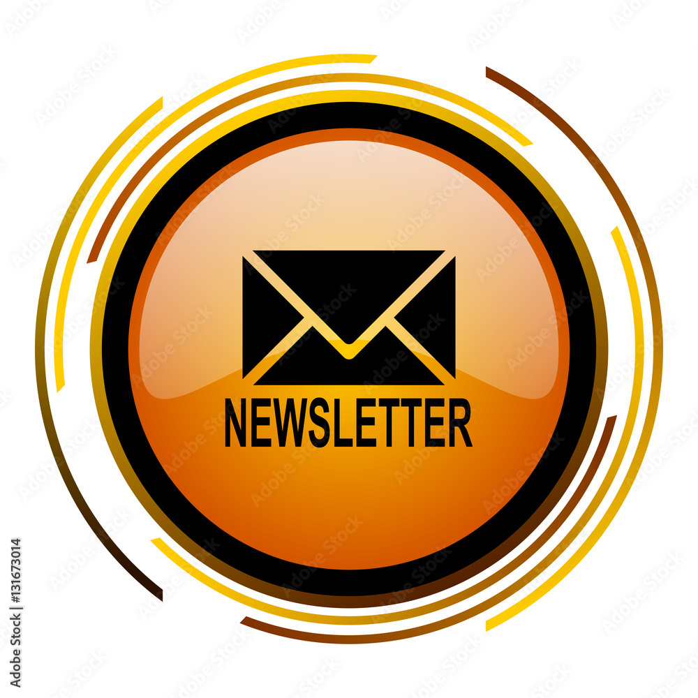 Poster Newsletter sign vector icon. Modern design round orange button isolated on white square background for web and application designers in eps10.
