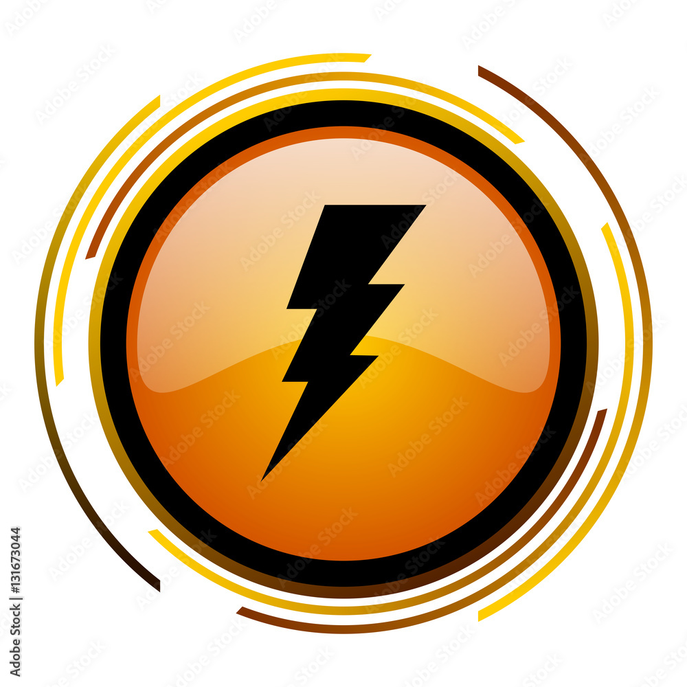 Poster Bolt sign vector icon. Modern design round orange button isolated on white square background for web and application designers in eps10.