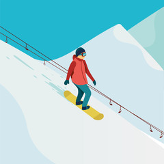 Fototapeta na wymiar Active man snowboarder riding on slope.