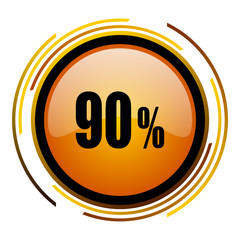 90 percent sale sign vector icon. Modern design round orange button isolated on white square background for web and application designers in eps10.