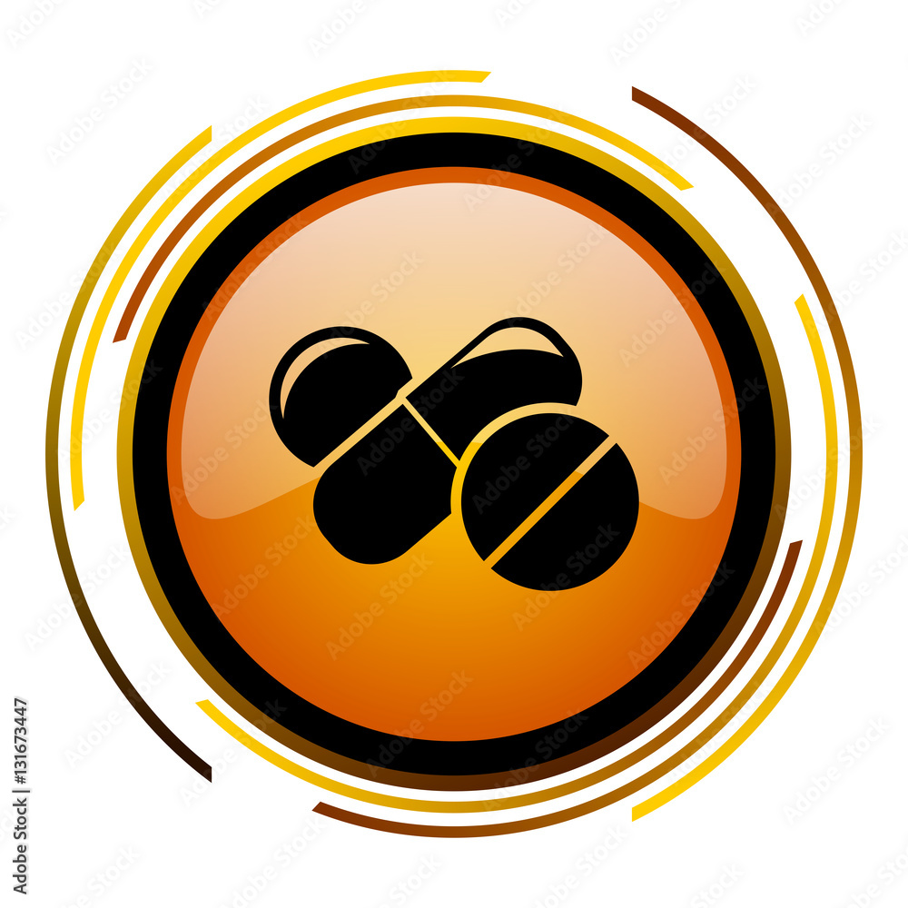 Poster Drugs vector icon. Modern design round orange button isolated on white background for web and applications in eps10.