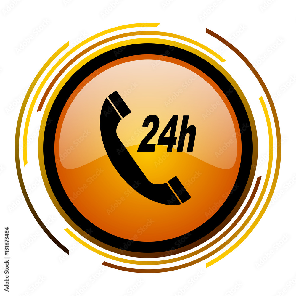 Aufkleber 24 hours call vector icon. Modern design round orange button isolated on white background for web and applications in eps10.