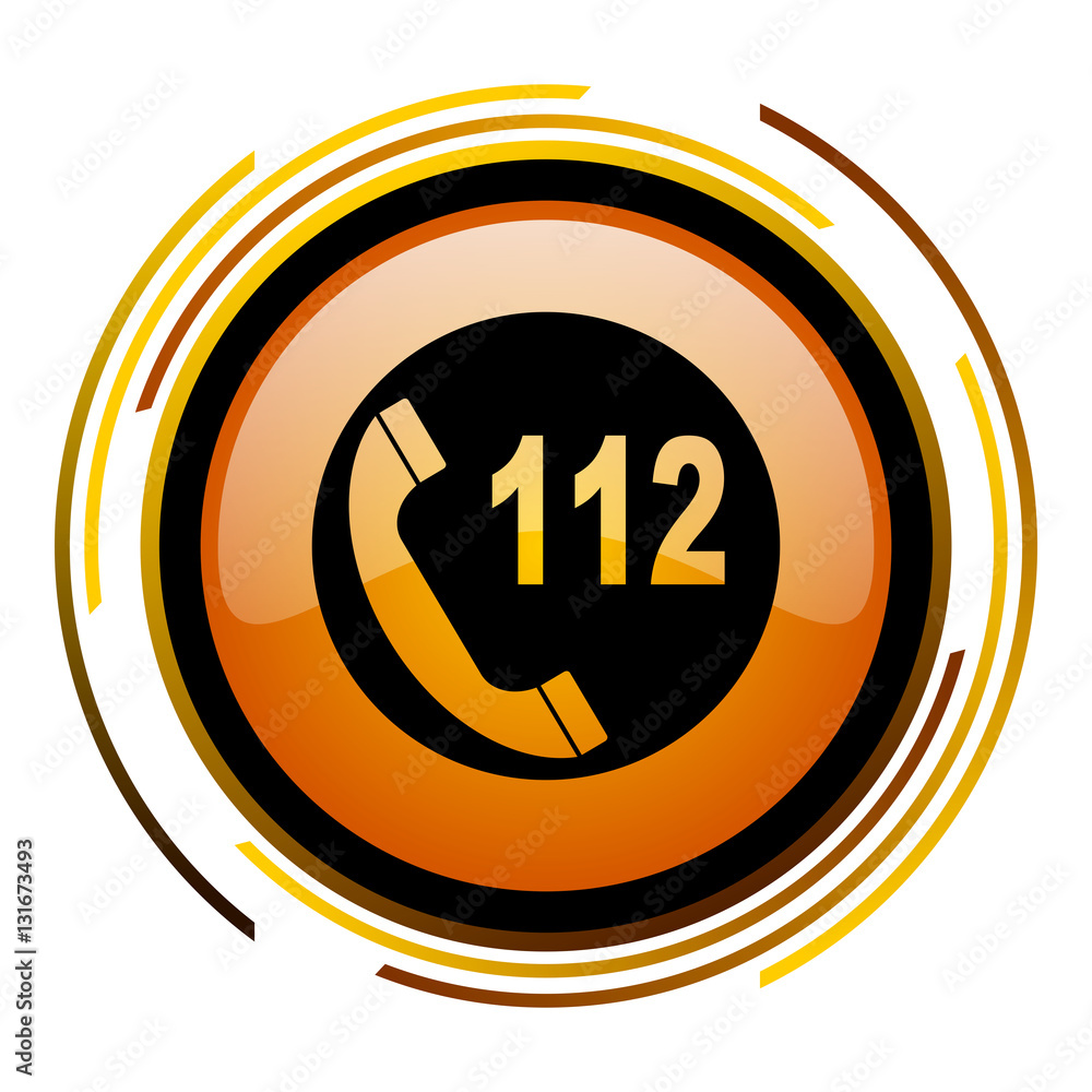 Poster 112 call vector icon. Modern design round orange button isolated on white background for web and applications in eps10.