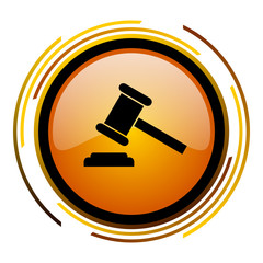 Auction vector icon. Modern design round orange button isolated on white background for web and applications in eps10.