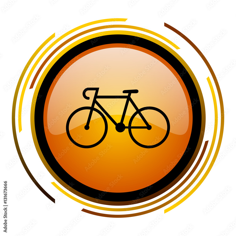Poster Bike vector icon. Modern design round orange button isolated on white background for web and applications in eps10.