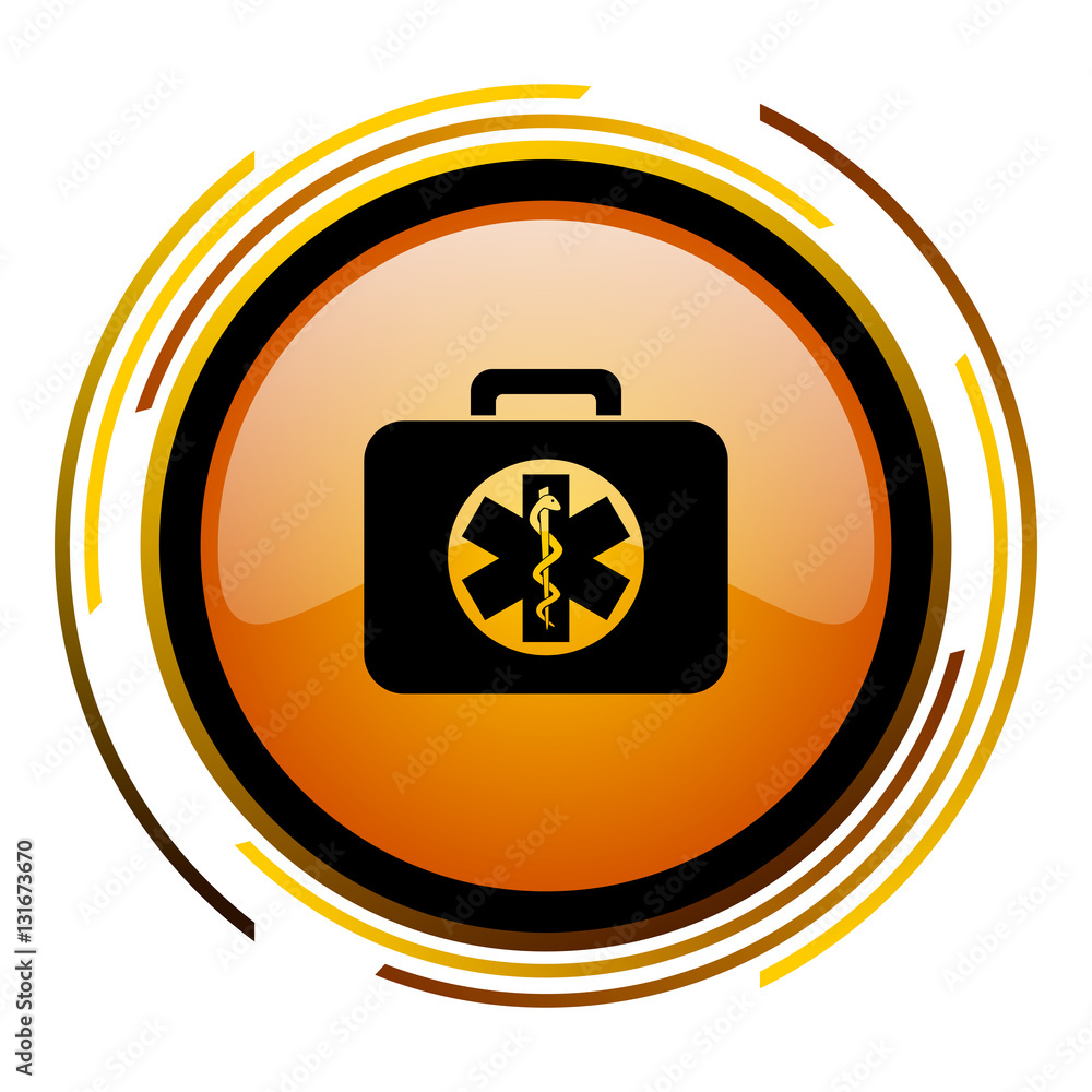 Aufkleber First aid kit vector icon. Modern design round orange button isolated on white background for web and applications in eps10.