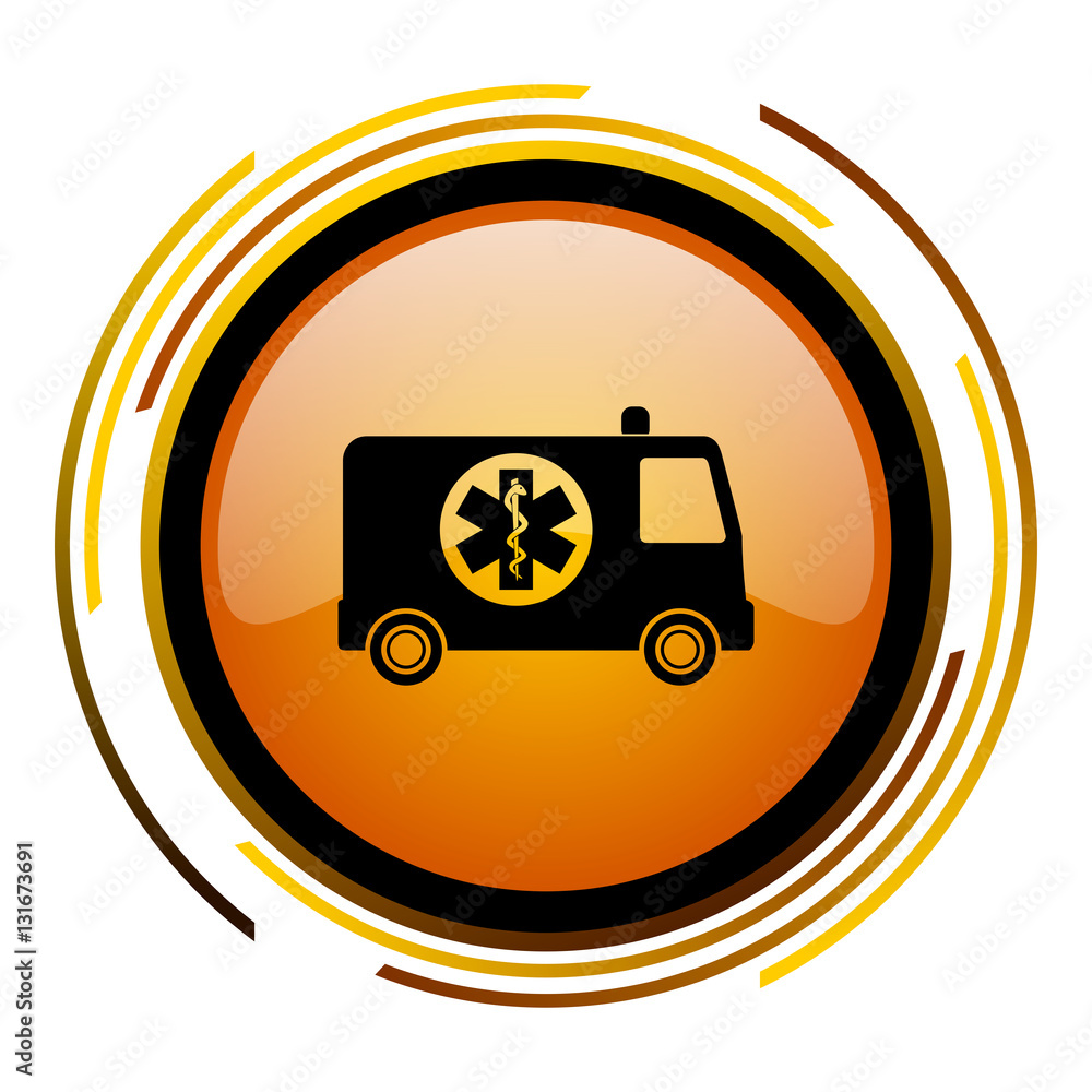 Poster Ambulance vector icon. Modern design round orange button isolated on white background for web and applications in eps10.