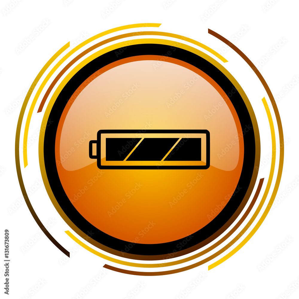 Poster Battery vector icon. Modern design round orange button isolated on white background for web and applications in eps10.
