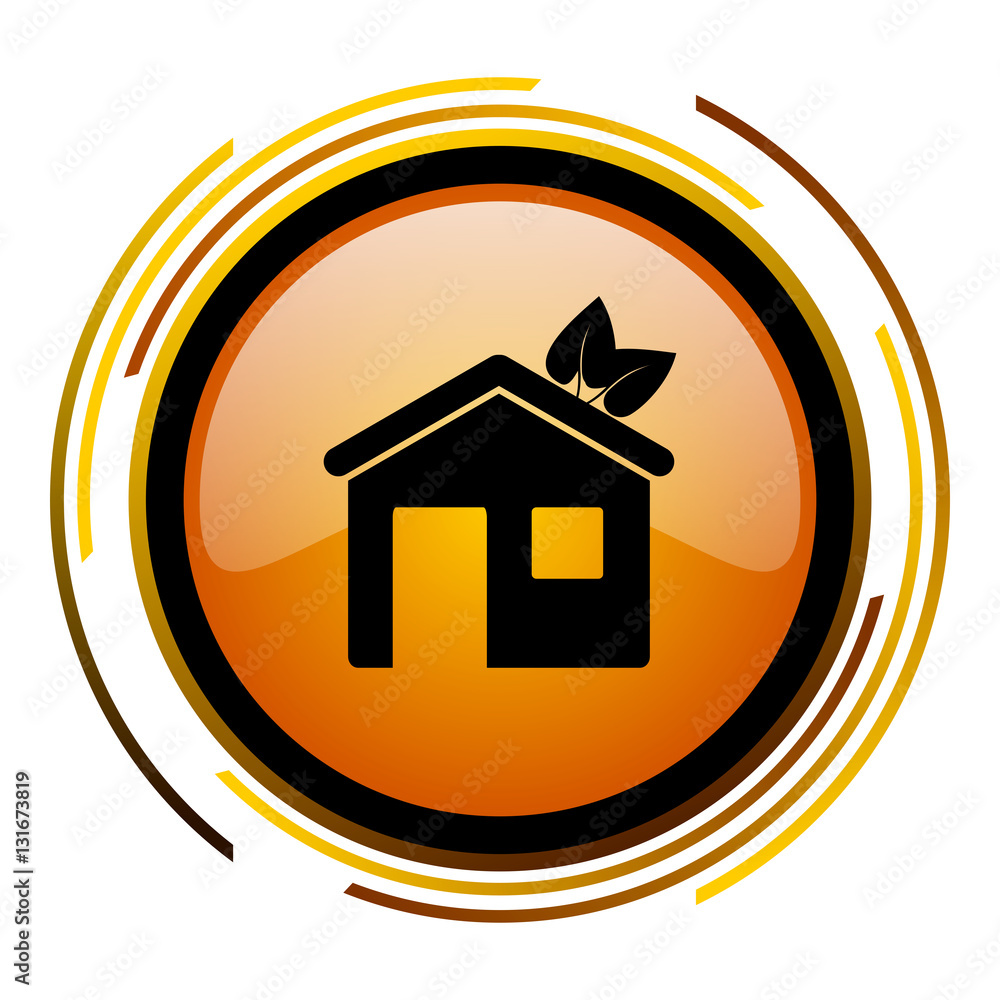 Poster Eco home vector icon. Modern design round orange button isolated on white background for web and applications in eps10.
