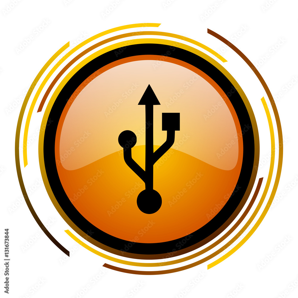 Aufkleber USB vector icon. Modern design round orange button isolated on white background for web and applications in eps10.