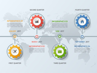 Timeline business infographic template with gears cogwheels 4 steps, processes, parts, options. Vector illustration.