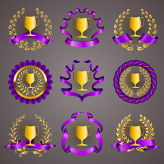 Set of luxury golden champion cups, medals, emblems with gold laurel wreaths, ribbons for page, web design. Filigree elements, icons, signs in vintage style. Vector illustration EPS 10.