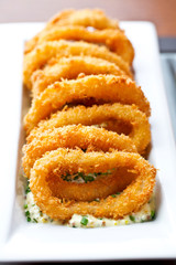 set of finger food - breaded squid rings with tartar sauce