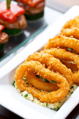 set of finger food - breaded squid rings with tartar sauce