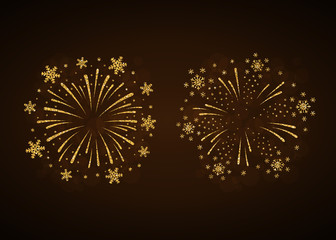 Fireworks gold isolated set. Beautiful golden firework on black background. Bright decoration for Christmas card, Happy New Year celebration, anniversary, festival. Flat design Vector illustration